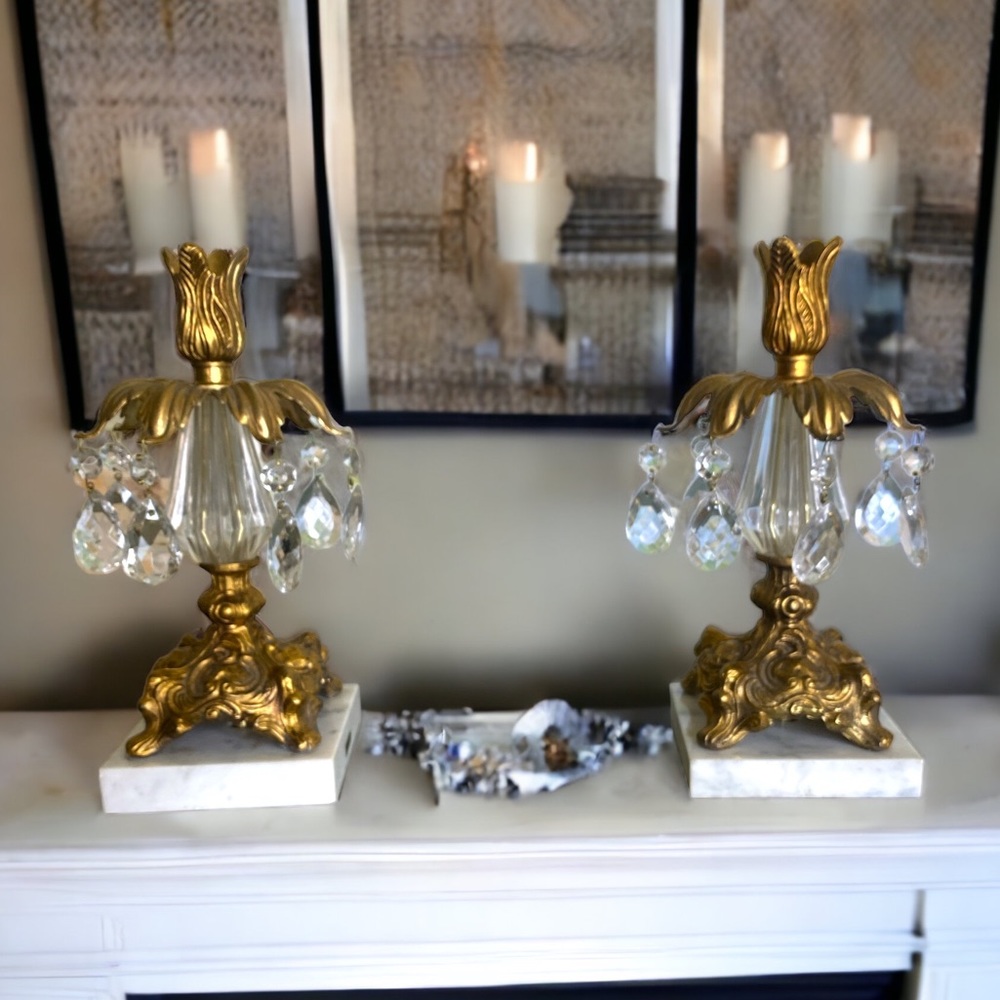 VTG. Hollywood Regency Crystal/Glass Gold Cast Metal/Marble Candlestick Holders
